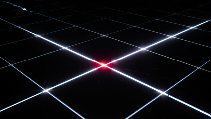 Neon grid intersection with glowing red node and reflective black surface
