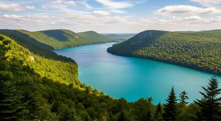 Stunning panoramic view of a vibrant blue lake nestled between lush green mountains under a bright sky.