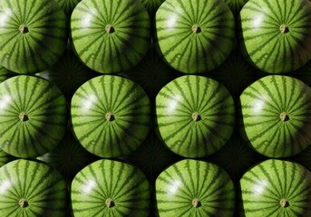 A vibrant green, top-down view captures numerous whole watermelons neatly arranged in a striking, repeating grid pattern against a dark background, emphasizing their radial stripes.