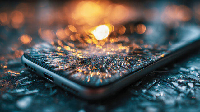 Shattered screen of a modern smartphone lying on broken glass with reflective golden bokeh lights creating a dramatic and textured composition - Powered by Adobe