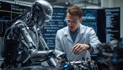 Engineer in lab adjusting humanoid robot arm with focused expression and modern equipment