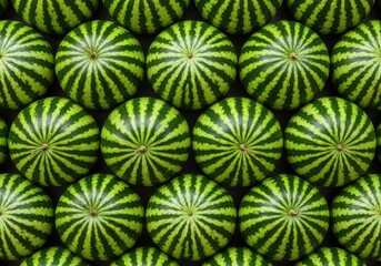 A vibrant green, full-frame top view captures a densely packed, repeating geometric pattern of fresh, whole watermelons arranged in a tight grid for a summer market display.