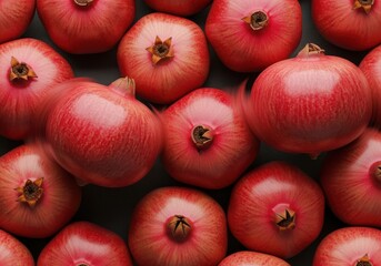 This vibrant, rich red overhead studio shot captures multiple whole pomegranates tightly arranged against a dark background, highlighting their healthy, round crowns.