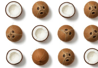 A bright, high-key flat lay displays fresh tropical whole and halved coconuts arranged in a repeating grid pattern against a clean white studio background.