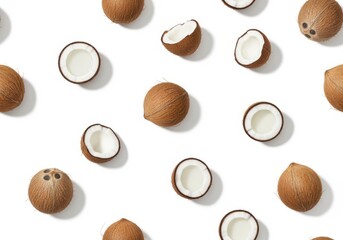 Bright, minimal flat lay studio shot of whole and halved coconuts scattered in a repeating tropical pattern on a clean white background.