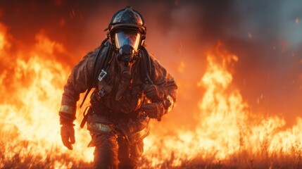 Obraz premium A courageous firefighter wearing protective gear, battling fierce flames, representing bravery and determination in the face of danger during wildfires.