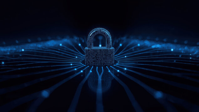 Digital lock with glowing data lines conveying secure network protection and confidence