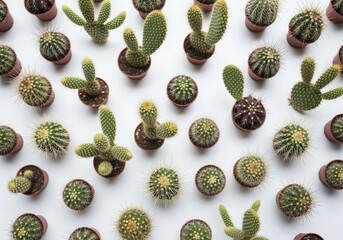 Fresh green small potted cacti and succulents are neatly arranged in a minimalist flat lay, top view composition, creating a vibrant botanical pattern on a white background.
