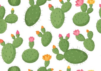 Cheerful seamless vector pattern of fresh green prickly pear cacti blooming with vibrant pink and orange flowers on a clean white background.