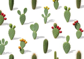 Fresh green prickly pear and columnar cacti arranged in a seamless repeating pattern, showcasing vibrant red fruit in a bright studio shot isolated on a white background.