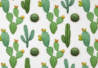 This bright, fresh seamless pattern features various green stylized cacti, including prickly pear and saguaro, digitally illustrated against a clean white background for a decorative print.