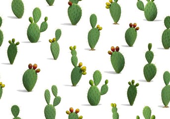 A vibrant, high-key digital illustration showcases a repeating pattern of green prickly pear cacti bearing fruit on a clean white background.