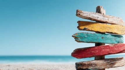 A vibrant beach sign post stands tall against the serene backdrop of a clear blue sea, evoking feelings of relaxation and wanderlust among viewers.