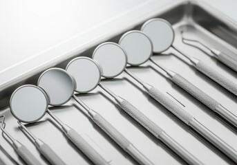 Multiple silver dental mirrors are displayed in a neat row on a sterile metallic tray, captured in a bright, high-key close-up for a clinical mood.