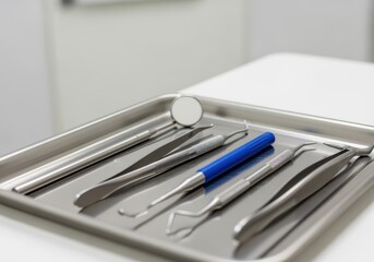 A close-up shot emphasizes the sterile, metallic dental instruments neatly arranged on a surgical tray, ready for a professional examination in a bright white clinic setting.
