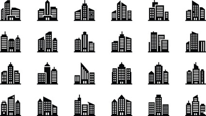 Solid Black Vector Icon Set Representing Modern Cityscapes Urban Skyscrapers Office Buildings Commercial Real Estate and Metropolitan Architecture © Vactor Itbd