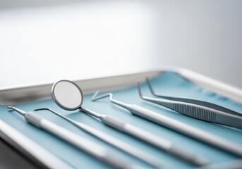 Shiny silver dental tools, including a mirror and probes, are resting on a sterile blue tray in a bright dentist's office, captured with a shallow depth of field.