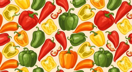Vibrant Assortment of Fresh Bell Peppers and Chili Peppers Seamless Pattern.