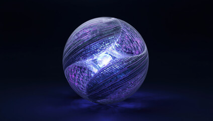 Glowing futuristic glass sphere with intricate purple filament pattern and luminous core