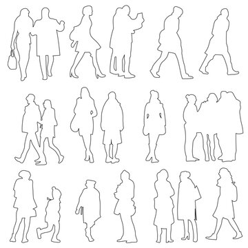 Set of 18 walking human figures created as clean line art vector silhouettes. The collection shows people in natural everyday poses, suitable for architectural drawings, CAD floor plans, urban layouts