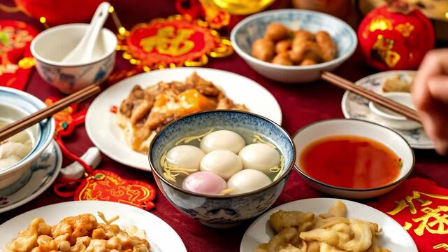A pair of hands holding a bowl of traditional sweet rice dumplings in broth, surrounded by a Chinese festive table setting filled with various holiday dishes.
