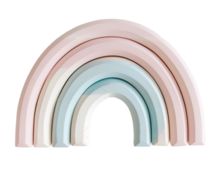 Wooden decor piece shaped like a rainbow with pastel colors sits on a transparent background. It is ideal for enhancing the look of a room or wall art. Easy to incorporate in various design styles