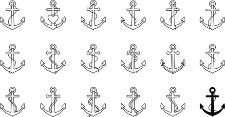 Outline Vector Icon Set Featuring Various Anchor Designs Nautical Equipment and Maritime Symbols for Coastal Marine and Shipping Design © Vactor Itbd