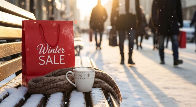 Red Winter Sale shopping bag and steaming hot coffee mug on a snowy park bench in the city