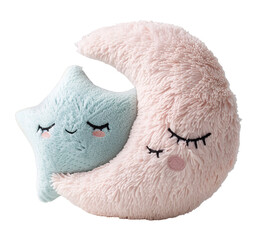 This is a plush moon pillow and a small star cushion designed for nursery decor. Both items have soft textures and pastel colors, making them suitable for children's rooms