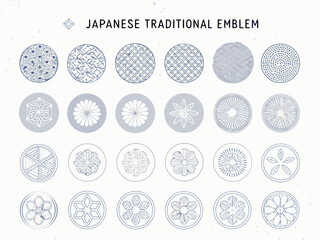 Collection of japanese traditional emblems and circular geometric designs in blue tones