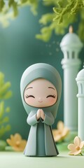Cute muslim girl welcoming guess during Eid al Fitr celebration in green background, suitable for greeting card