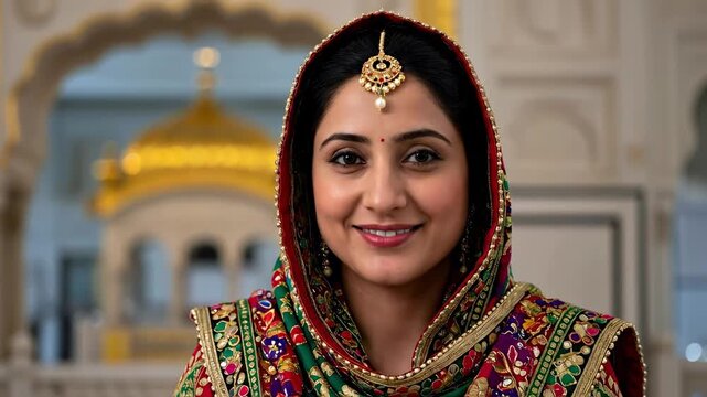 An Elegant Indian Woman Dressed in Traditional Colorful Punjabi Attire, Displaying a Warm Smile Inside a Beautifully Decorated Temple Interior