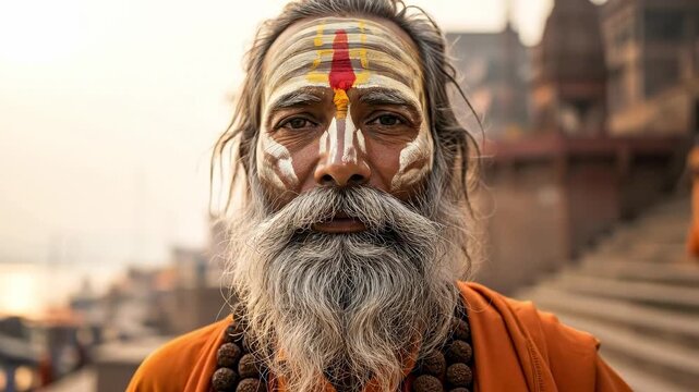 A Portrait of a Middle-Aged Hindu Sadhu in Varanasi, India, Adorned with Distinctive Paint and Sacred Beads, Capturing the Spiritual Essence of the City.