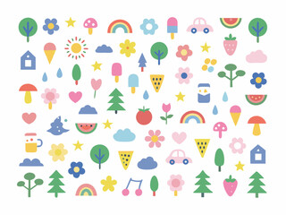 Colorful collection of playful cartoon icons featuring nature and everyday objects
