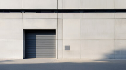 Architectural shot featuring a closed metal shutter door in a modern concrete facade, creating a minimalist and industrial aesthetic with clean lines and geometric patterns.