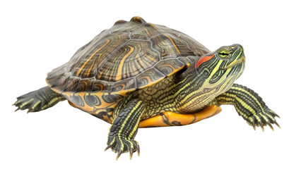 Fototapeta premium Isolated Red-eared slider turtle with colorful markings, pet reptile in full view, close-up shot