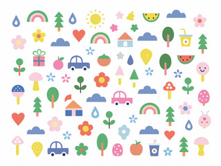 A colorful assortment of playful illustrations trees fruits clouds and more