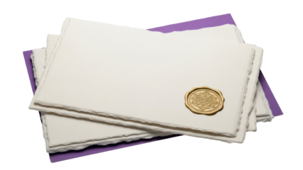 Isolated invitation cards with wax seal atop a purple envelope for romantic correspondence