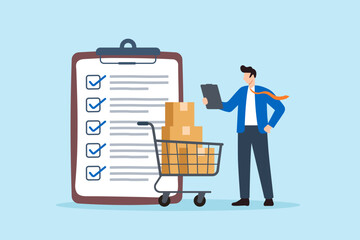Flat illustration of businessman checking completed list beside shopping cart symbolizing order fulfillment inventory management and supply chain process © VZ_Art