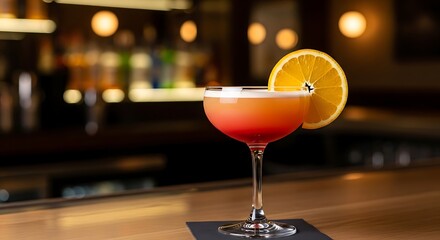 Vibrant Cocktail with Orange Garnish on a Bar Counter.