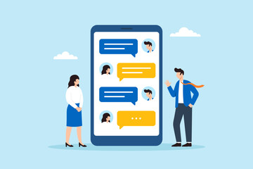 Flat illustration of businessman and businesswoman chatting on giant smartphone screen symbolizing online communication teamwork messaging and digital collaboration