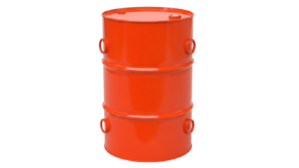 Isolated orange metal barrel container, industrial chemical drum, cylindrical storage for oil