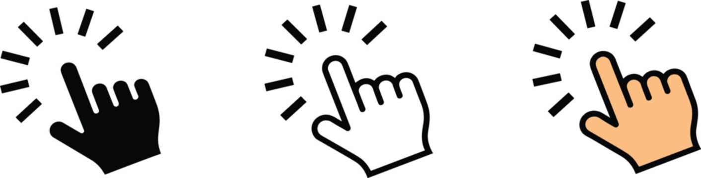 Finger click and touch interaction icon set, hand cursor symbols, digital interface selection, navigation point vector design elements