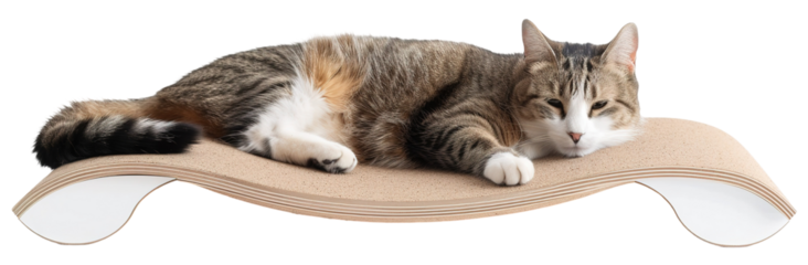 A cat lies comfortably on a cat scratcher with a minimalist design. The scratcher has an angled shape and is isolated against a transparent background