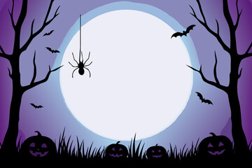 Spooky halloween scene with a full moon bats spider and jack o lanterns
