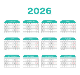 Simple 2026 Full Year Calendar Modern & Simple Planner Template Vector