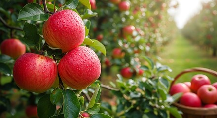 Vibrant red apples glistening with dew drops on a tree branch in a lush orchard, with a basket of freshly picked apples in the background.