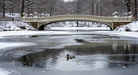 Winter Scene with Bridge and Duck in Central Park.