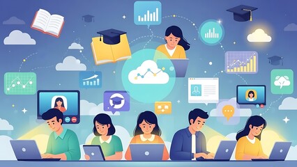 Diverse group of students engaging in online learning with laptops and digital educational icons floating around them.