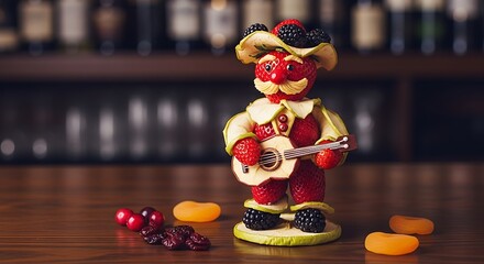 Whimsical Fruit Character Playing Guitar on a Bar Counter.